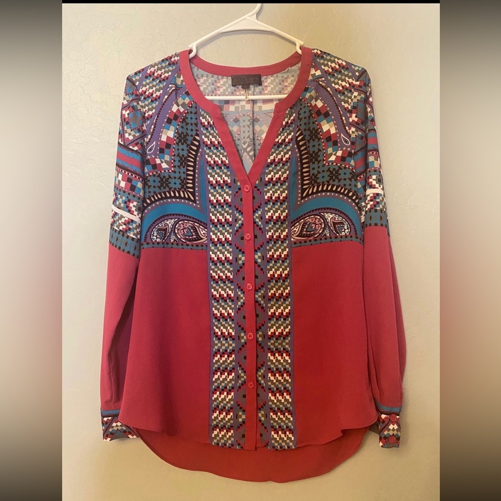 ⭐️Hale Bob pink button up blouse multicolor geometric & paisley pattern small